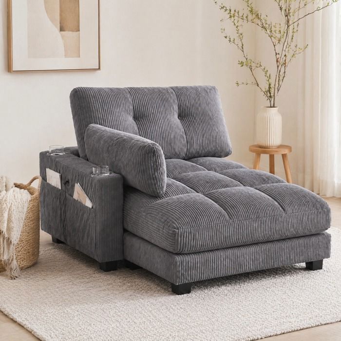 Fauteuil relaxation 1 place gris en tissu cotele avec porte-gobelets poche laterale port USB et appuie-tete reglable