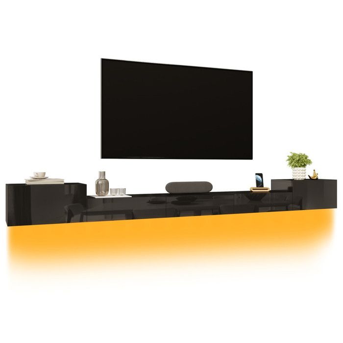 Meuble TV Suspendu Flottant avec éclairage LED 5 Portes – Meuble TV Mural Moderne 245x30x26cm Noir