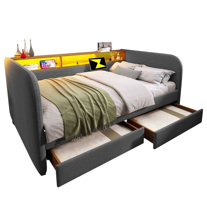 Canapé-lit 190x140cm avec 2 TiroirsCompartiments Rangementavec Eclairage IntégréLit Simple avec 2 Ports USB et Type-CGris