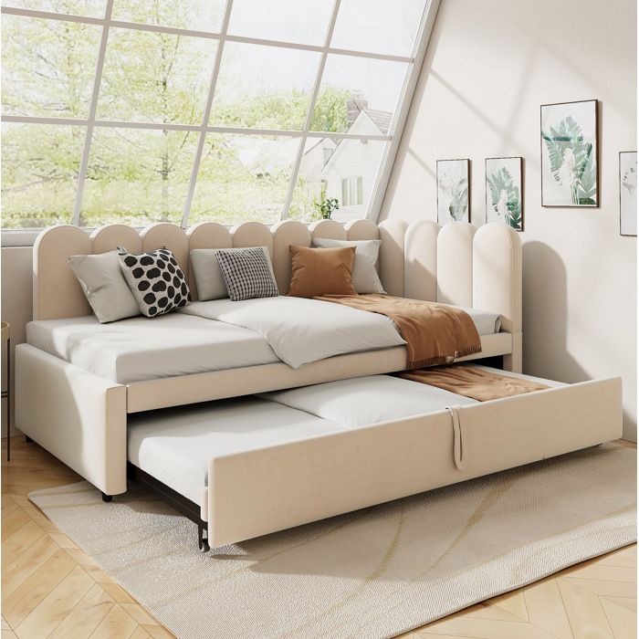 Canapé-lit gigogne 2-en-1 en L 90 x 200 cm extensible 180 x 200 cm velours beige avec lattes FOLYNA
