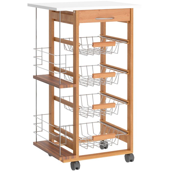 Desserte de Cuisine en Bois Marron avec 1 Tiroir 4 Paniers Métalliques et Porte-Épices 47x37x83 cm Desserte de Cuisine en Bois Marron avec 1 Tiroir 4 Paniers Métalliques et Porte-Épices 47x37x83 cm
