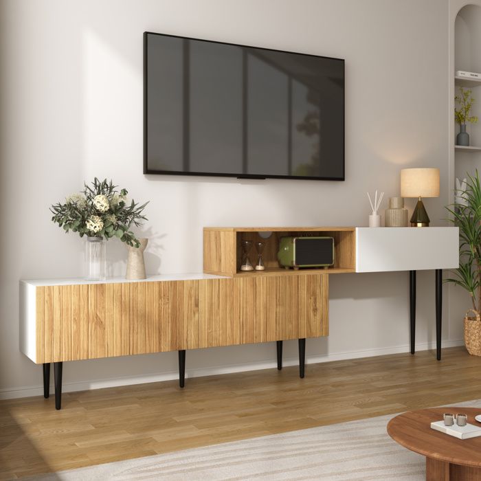 Meuble TV modulaire extensible 130 à 220 cm blanc mat aspect bois 3 portes abattantes pieds métal noir VEVXYN