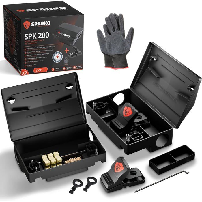 SPARKO SPK200 – Lot de 2 boîtes à appâts et pièges à rats 2-en-1 verrouillables avec tapettes pour rats et souris