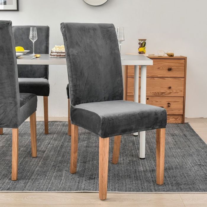 4pcs Housse de chaise en velours - Spandex avec bande élastique Bout droit - Banquet fête hôtel restaurant - Gris foncé