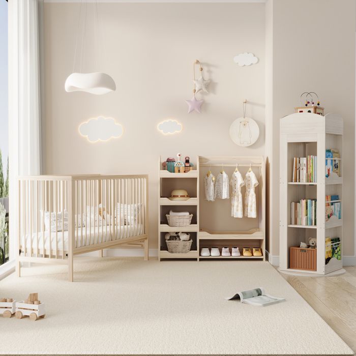Chambre complète Lit bébé combiné avec armoire ouverte et bibliothèque pivotante 360° convertible bois et MDF Naturel