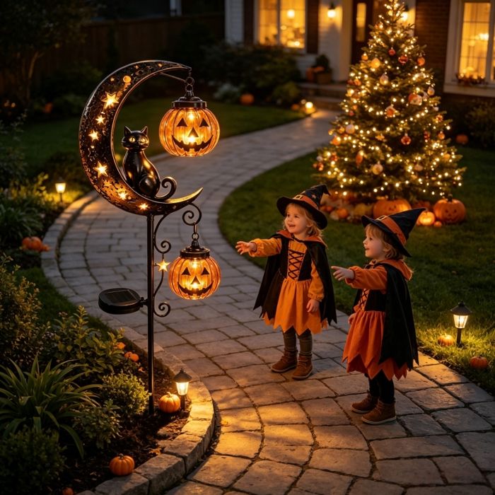 Décoration Halloween Solaire Chat Noir et Citrouille Lampe Jardin sur Piquet Étanche Ornement Extérieur pour Jardin et Terrasse