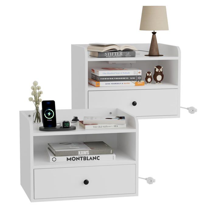Lot de 2 Tables de Chevet murales Tables de Chevet suendues avec Pri Électriques y USB Pts Eace Ouvert et Blanc Blanc CHEVET