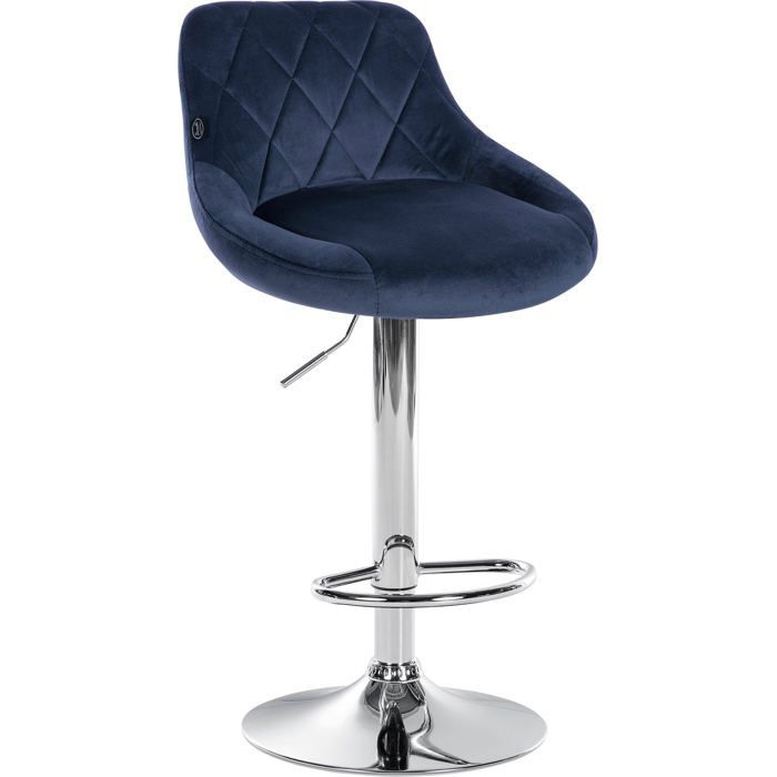 Tabouret de bar en velours bleu coutures decoratives pivotant support metal chrome TDB10672