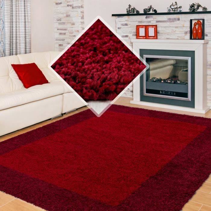 Tapis poil long Shaggy pour le salon tapis motifs avec un design en bordure Couleur: Rouge Taille: 80 x 150 cm