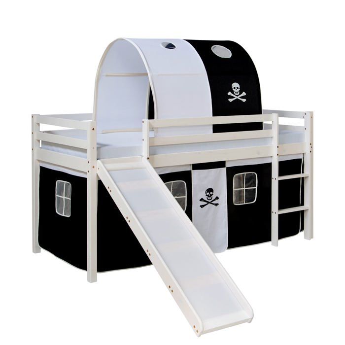 Lit mezzanine pour enfant avec sommier toboggan tunnel rideau modele noir pirate 90x200 cm LIT06196