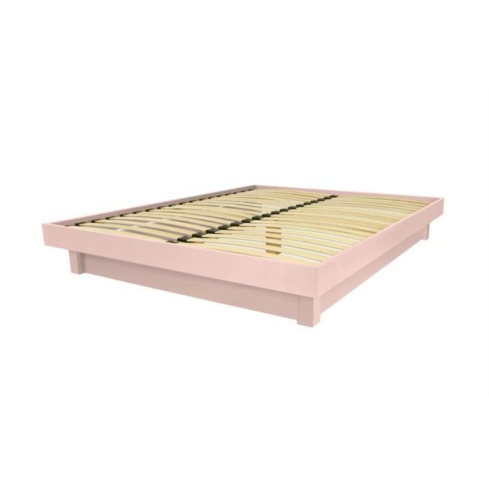 lit plateforme bois massif - marque - rose pastel - 140x200 - sommier inclus - 2 places