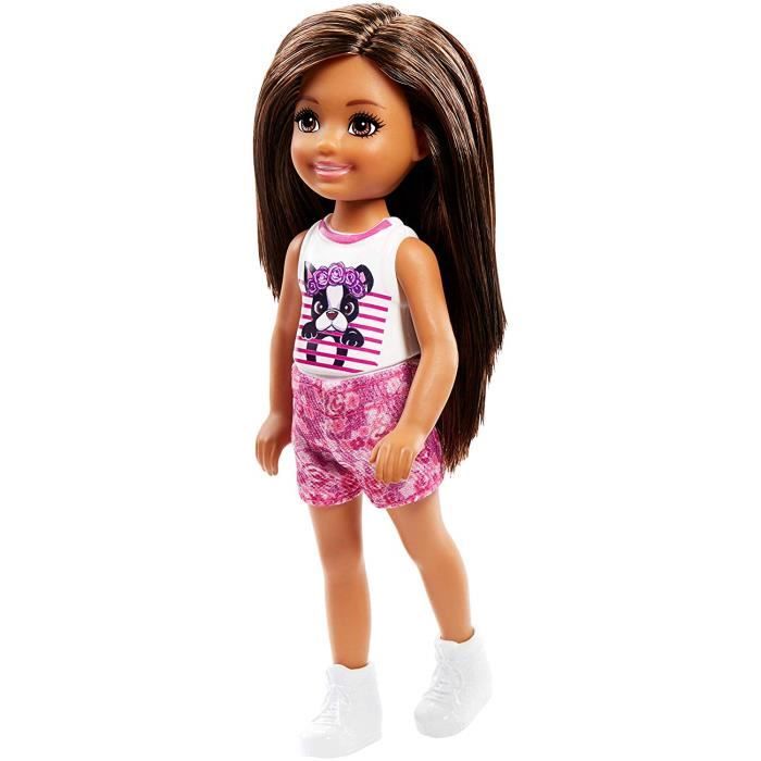 jouet pour enfant Barbie Famille mini-poupée ​Chelsea fille avec haut orné d’un motif chien FRL81 