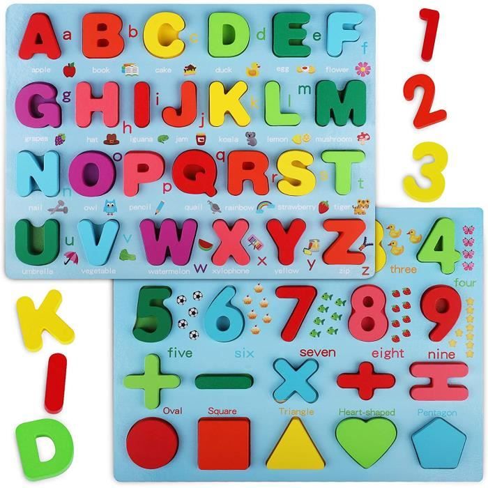 Puzzle en Bois - Jouets Éducatifs - Lot de 2 - Alphabet et Chiffres - Pour Enfants de 1 à 6 Ans