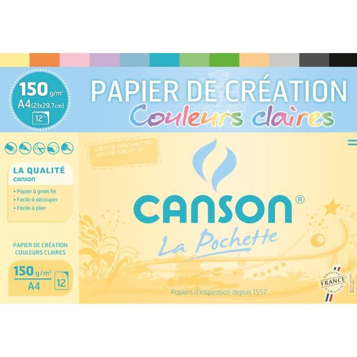 Pochette 12 feuilles papier couleur Création A4 assorti Canson 150 g sur