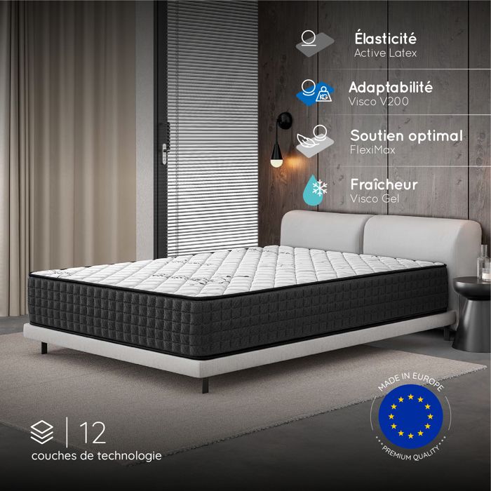 Matelas GAMMA 180x200 cm-Epaisseur 32 cm-Ferme-7 zones de confort en mousse mémoire adaptative-HR 35 kg-Latex-Face été-hiver
