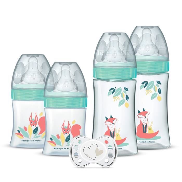 DODIE Lot de 4 biberons naissance Tétine Ronde Anti-Colique (2x150mL et 2x270mL), + une sucette naissance