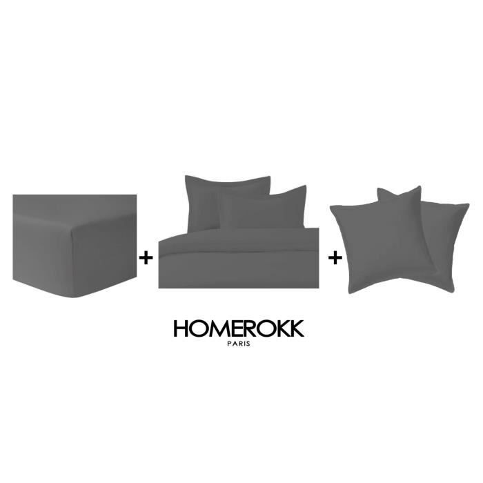 Ensemble de literie - HOMEROKK - Housse de couette 140x200 - Taie 65x65 - Drap housse 90x190 - Anthracite