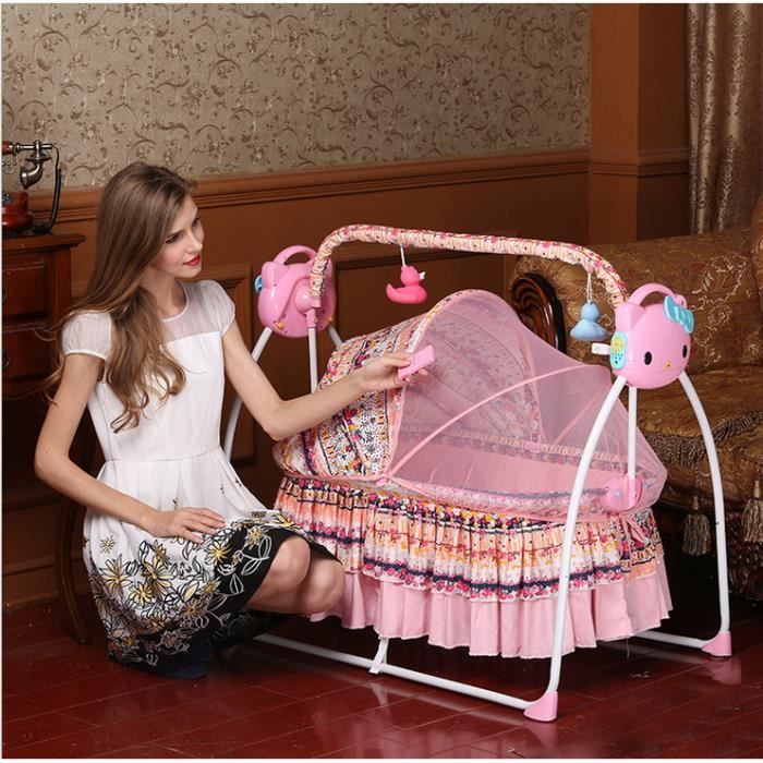 Lit Électrique Bébé NadineDutol - Balançoire Avec Jouets, Bluetooth, Minuterie Et Moustiquaire - Rose