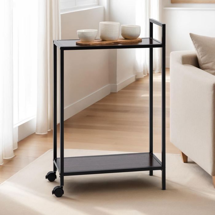 Desserte à roulettes RIVO chariot de service pour cuisine structure en métal et plateau en bois couleur noir et noyer