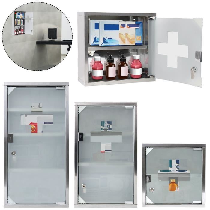 Armoire à pharmacie - LILIIN - 2 compartiments - Acier inoxydable - Porte en verre dépoli - Croix rouge