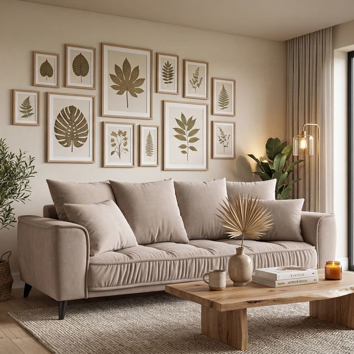 Canapé droit Altamo en velours beige - 3 places Canapé droit Altamo en velours beige - 3 places