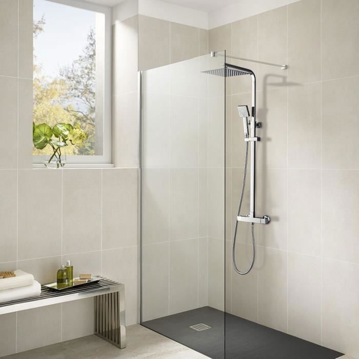 WOOHSE Colonne de Douche Carr/é avec T/ête de Douche Ultra-mince Inox en Effet Pluie et Douchette /à Main Ensemble de Douche Hauteur R/églable Syst/ème de Douche pour Salle de Bain