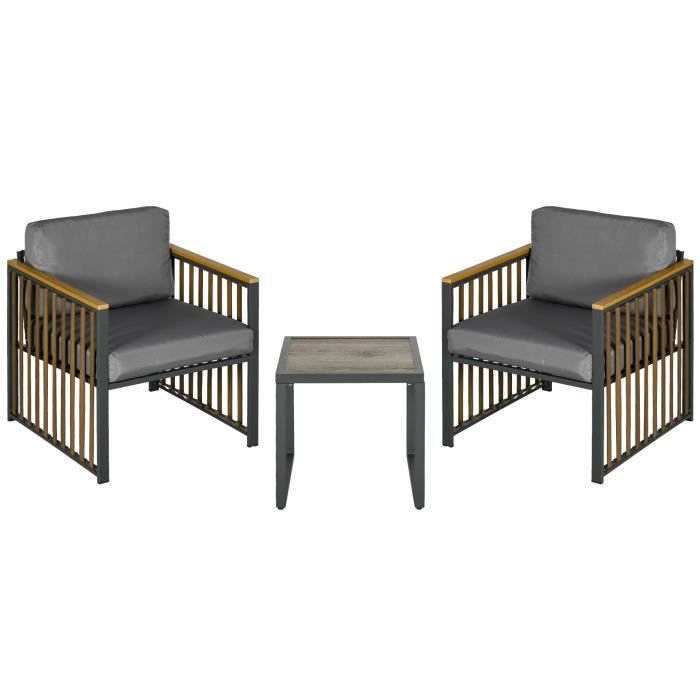 Ensemble salon de jardin 3 pièces style colonial 2 fauteuils coussins gris table basse métal noir résine filaire marron
