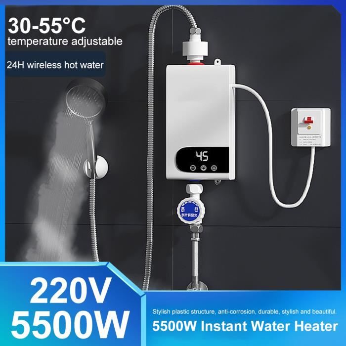 QUETO Mini chauffe-eau électrique 5500 W avec pommeau de douche et  indicateur LED, 220 V IPX4 étanche à chauffage rapide, chauffe-eau  instantané à température constante pour cuisine, salle de bain 