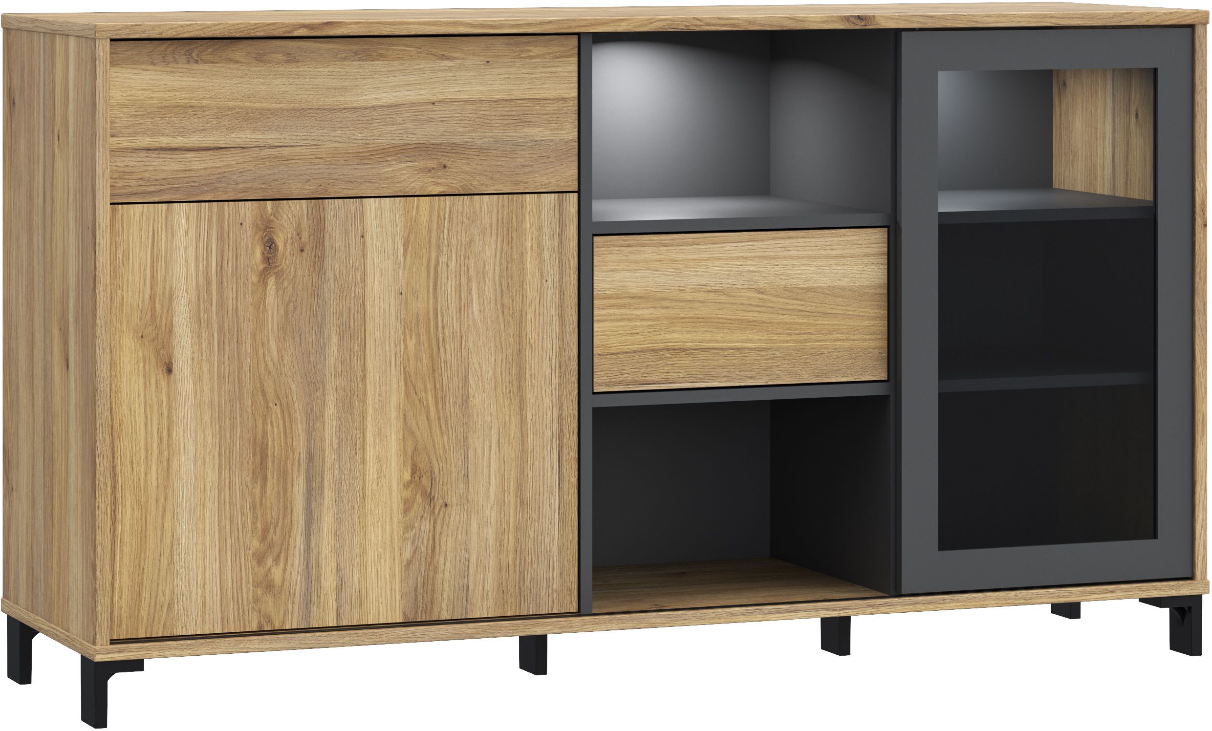 Buffet SOUTH BEACH – Finition Chêne Mauvella & Gris Foncé – 2 Portes dont 1 Vitrée – 147 × 397 × 824 cm