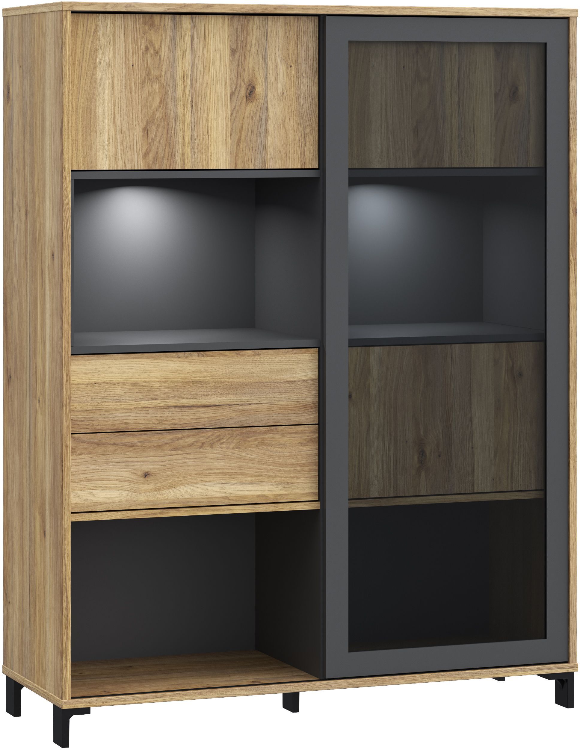 Vitrine SOUTH BEACH – Finition Chêne Mauvella / Gris Foncé – 3 Portes dont 2 Vitrées – 2 Tiroirs – 1155 × 397 × 1496 cm