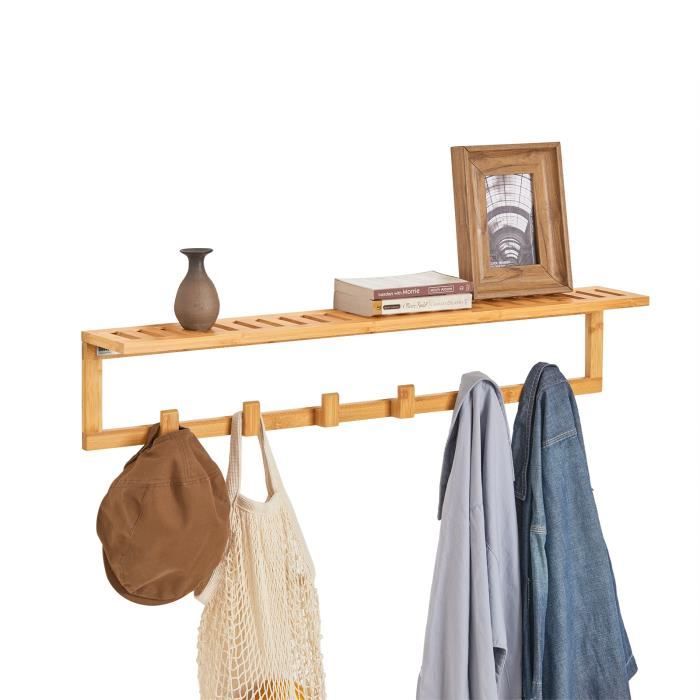 SoBuy® FHK06-N Étagère Porte-Serviette Porte-Manteau Mural en bambou avec Étagère et 6 Crochets (HxlxP) 90x12x16cm