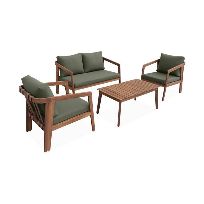 Salon de jardin kaki foncé 4 places LOBERIA. bois dacacia dossier avec lanières effet cuir