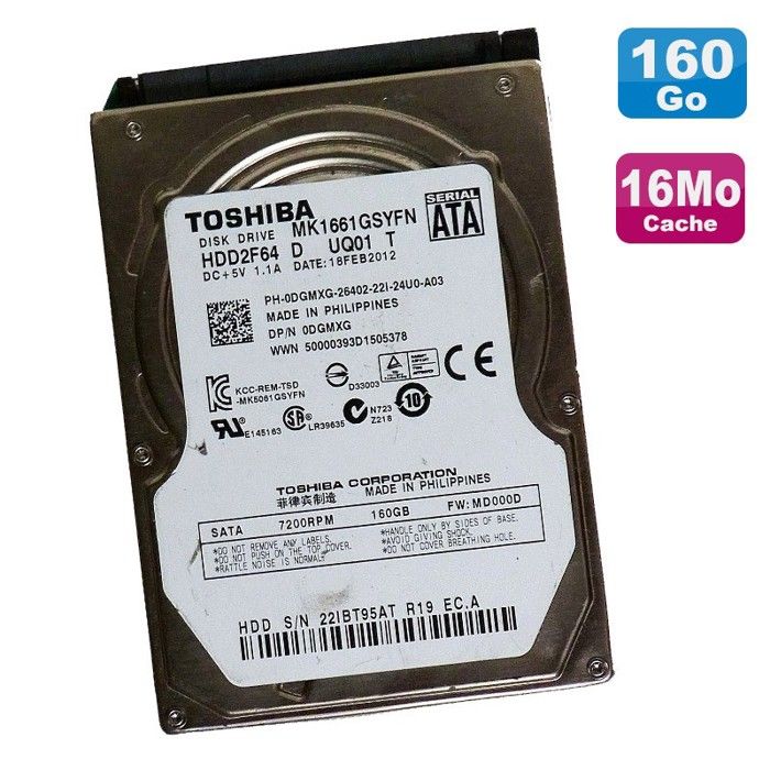 Disque Dur 160Go Sata 2.5 Toshiba Mk1661Gsyfn Hdd2F64 7200Rpm PC Portable 16Mo