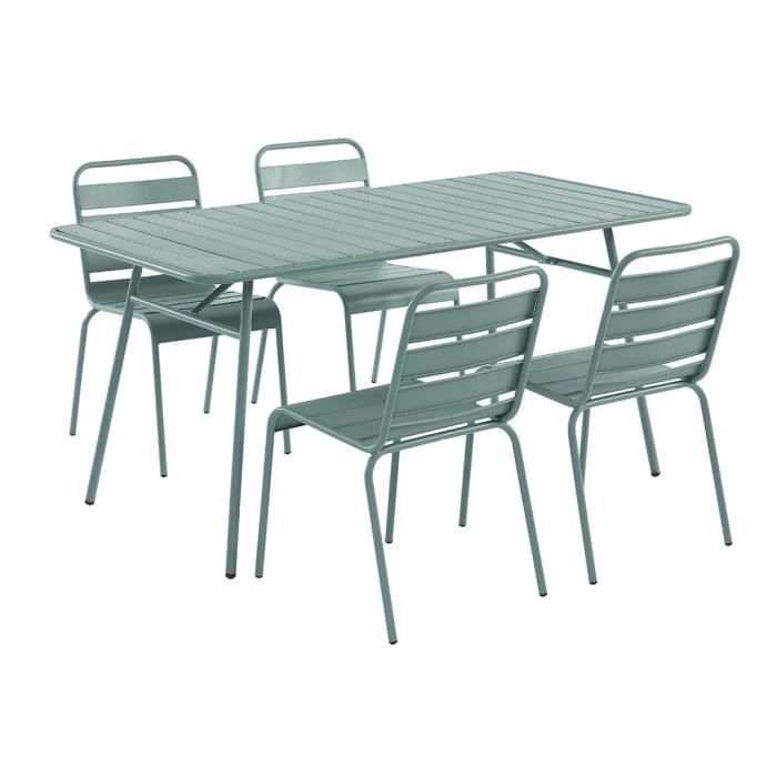 Salle à manger de jardin en métal: une table L.160 cm et 4 chaises empilables - Vert amande - MIRMANDE