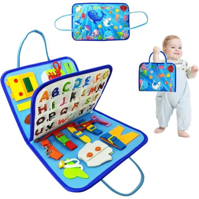Gontence Busy Board Montessori – Jouet Sensoriel Licorne, Alphabet, Chiffres, Fermeture éclair, Portable – Dès 1 An