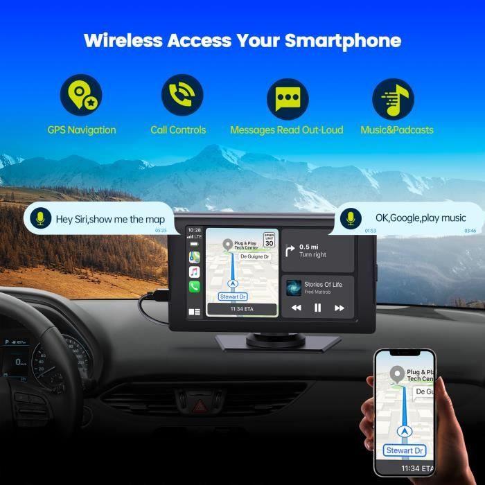 Navigateur GPS intégré au tableau de bord, avec écran tactile, sans fil,  pour voiture, Support WiFi