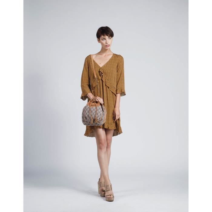 LPB WOMAN Sac Bourse en Cuir et Toile Imprime Panaji Inspiration Ethnique Femme Marron et gris Cdiscount Bagagerie Maroquinerie