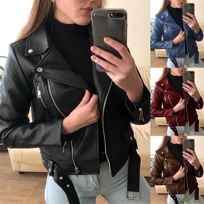 BLOUSON PERFECTO BOMBER Femme Hiver Cool Veste En Faux Cuir Couleur Unie Manches Longues Fermeture Eclair Noir Noir Cdiscount Pret a Porter