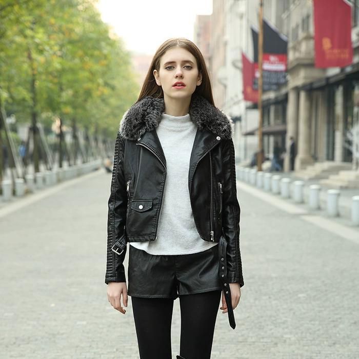 Blouson Femme Simili Cuir Court Doublé Polaire Slim FUNMOON