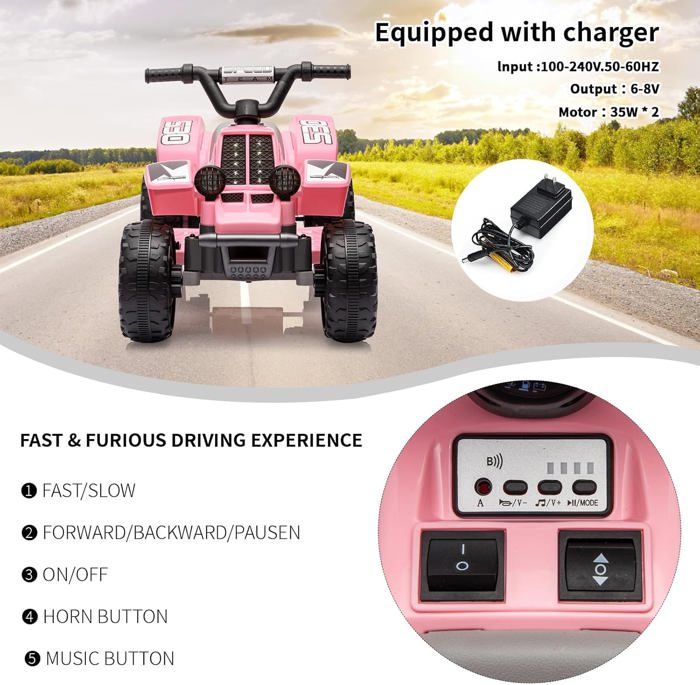 12V Quad Électrique Enfant avec Phares, Musique, Klaxon, Guidon