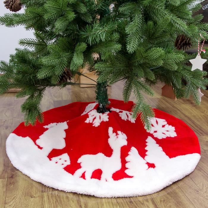 Jupe De Sapin De Noël 90 Cm - Tissu Rouge Et Blanc Motif Tourbillon, Décoration Festive Pour Base D'arbre - 6