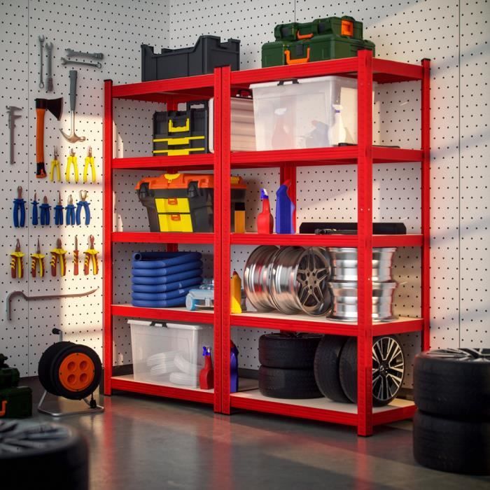 Lot De 2 étagères Atelier Robustes En Métal Rouge - 5 Tablettes, Charge Max 875kg - Dimensions 90x40x180 Cm