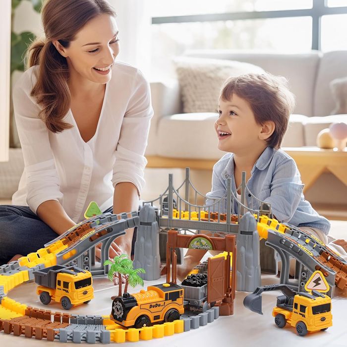 Jeu de 178 pièces pour enfants, rails de train flexibles avec 1 train électrique, pelleteuse, camion de ciment, camion de chargement, véhicule d' ingénierie, cadeaux pour garçons et filles de 3, 4, 5