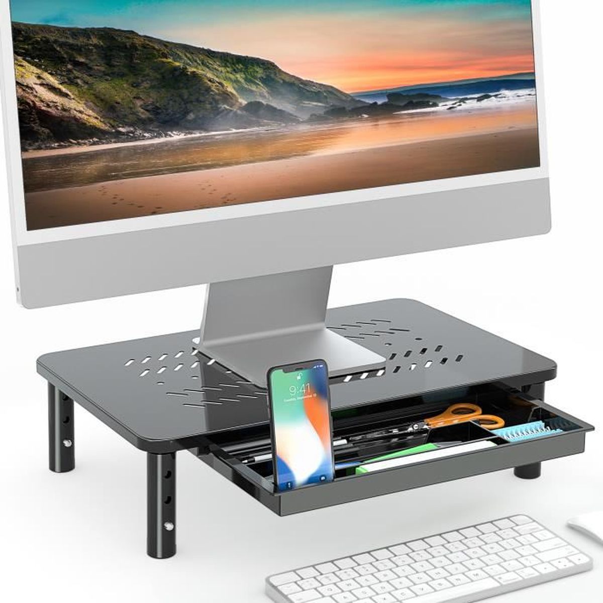 Support De Moniteur Réglable En Hauteur BONTEC - 3 Niveaux (10-14 Cm), Capacité 20 Kg, Blanc, Rangement Bureau - 4