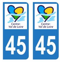 Lot 2 Autocollants Stickers plaque immatriculation voiture auto département 45 Loiret Logo Région Centre-Val de Loire