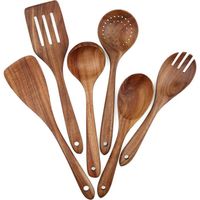 Lot de 6 ustensiles de cuisine en bois antiadhésifs, spatule, fourchette, spatule fendue, cuillère à soupe, louche