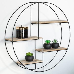 IDMARKET Etagère murale ronde LILY 4 niveaux bois et métal design industriel