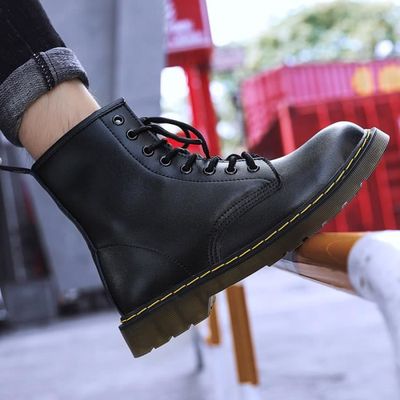 Bottes Homme Chaussure Femme en Cuir Noir Lacets Haute