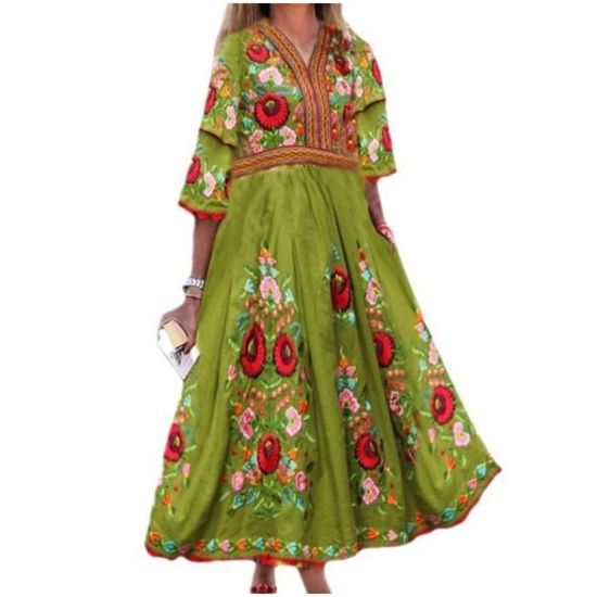 Robe Longue Femme Grande Taille – Manches Longues, Imprimé Fleuri, Style Boho Avec Poches