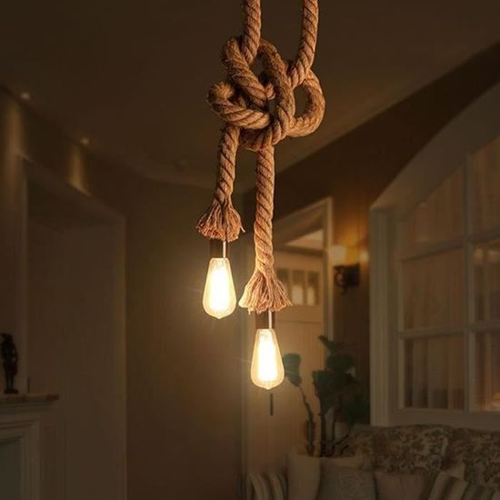 Fdit Suspension Lampe Vintage Corde Chanvre 2m - Lustre Industriel E27 Pour Restaurant Et Bar